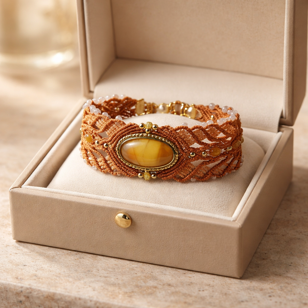 Manchettes aux tonalités chaleureuses, pierres naturelles aux reflets dorés.