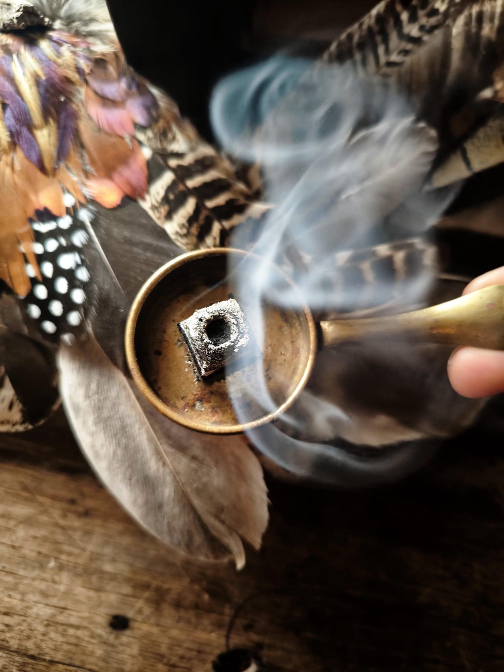 Motte d'encens naturels qui brule dans une mini poêle en laiton avec un arrière plan en plume. 