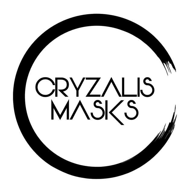 Cryzalis Masks logo, white circle with black edge. Cryzalis Masks in a black font in the centre of the circle