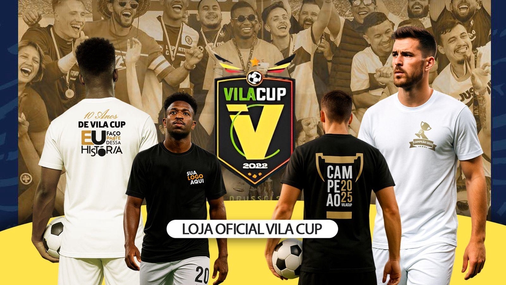 Em comemoração aos 10 anos do Vila Cup, lançamos uma linha especial de camisetas em parceria com a Be Free! São dois modelos exclusivos — preto e branco — que celebram a trajetória de um dos maiores eventos da comunidade brasileira na Bélgica.

A branca vem com a frase “Eu faço parte dessa história”. A preta, com a palavra “Campeão 2025” em destaque, no formato de troféu. Ambas são de edição limitada!

E o melhor: quem comprar até o dia 19/06 poderá adicionar sua logomarca no peito da camiseta, tornando a peça ainda mais exclusiva!

Ideal para torcedores, patrocinadores, atletas e apaixonados pelo futebol e pela nossa cultura.

Disponível agora na loja oficial Vila Cup Boutique. Garanta a sua e vista a história com orgulho! 🇧🇷