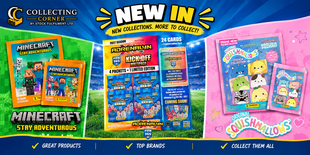 New In at Collecting Corner featuring Minecraft Stay Adventurous, FIFA 365 Adrenalyn XL 2027 and Squishmallows sticker collections