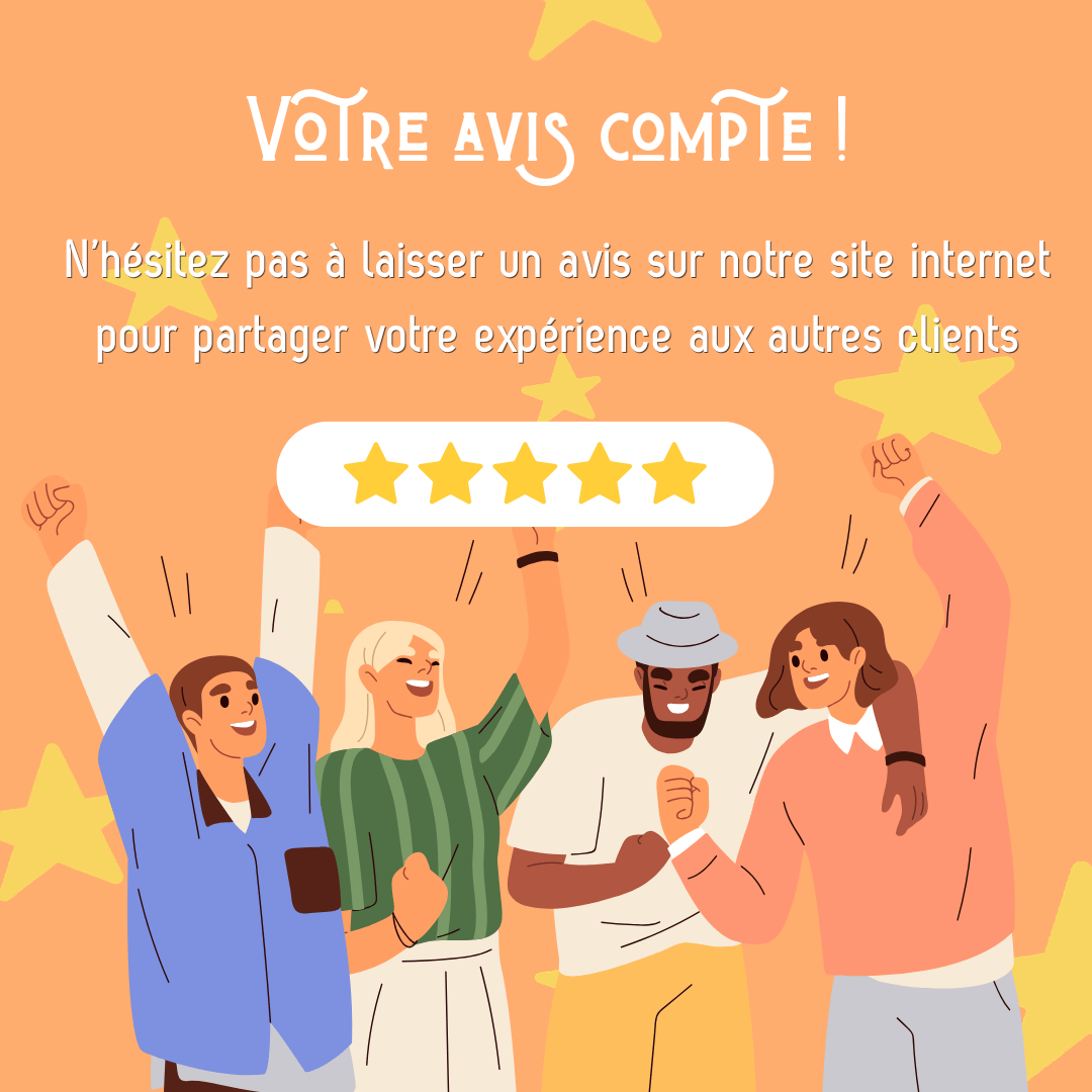 un groupe de personnes lèvent les bras et demandent un avis client sur fond orange avec les étoiles de notation autour d'eux