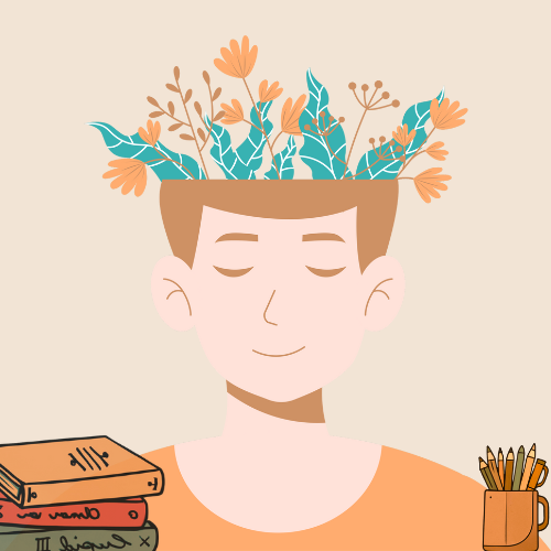 Illustration d’une personne sereine, les yeux fermés, avec des plantes colorées qui poussent depuis le haut de sa tête, entourée de livres et d’un pot à crayons.