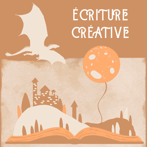 Visuel de style fantastique montrant un livre d’où s’élève un décor imaginaire, un dragon en vol et un ballon décoratif, avec le texte Écriture Créative.
