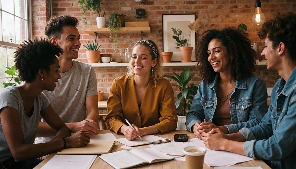 Trois personnes en pleine conversation autour d’un café, écrivant sur des cahiers dans une pièce en briques décorée de plantes.