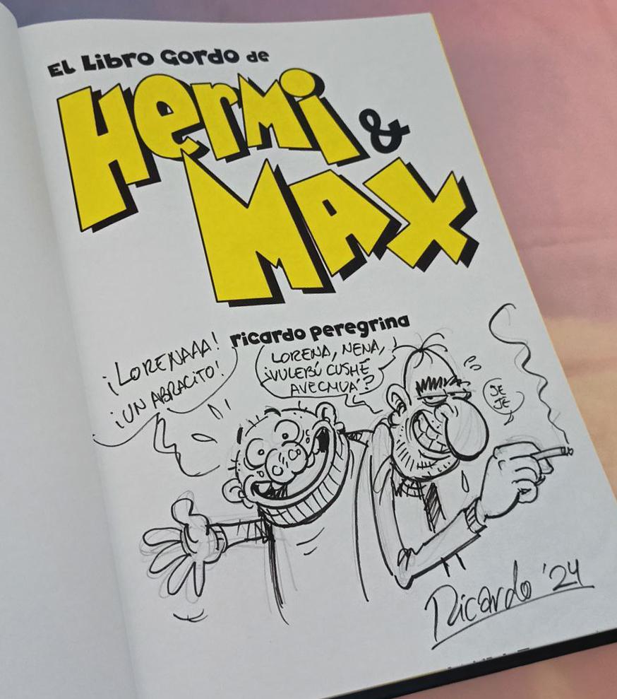 Dedicatoria dibujada personalizada en un libro de cómic de humor