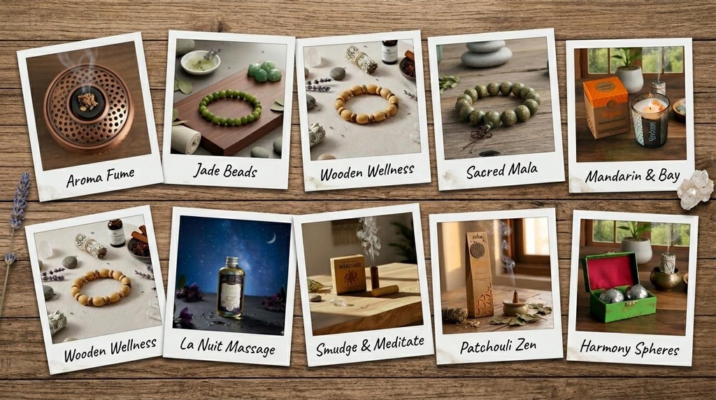 Banner Yohoessential con una composizione di foto stile Polaroid che mostrano bracciali in giada e legno, bruciaincenso Aromafume, candele biologiche al mandarino, oli da massaggio La Nuit e sfere dell'armonia su uno sfondo di legno rustico