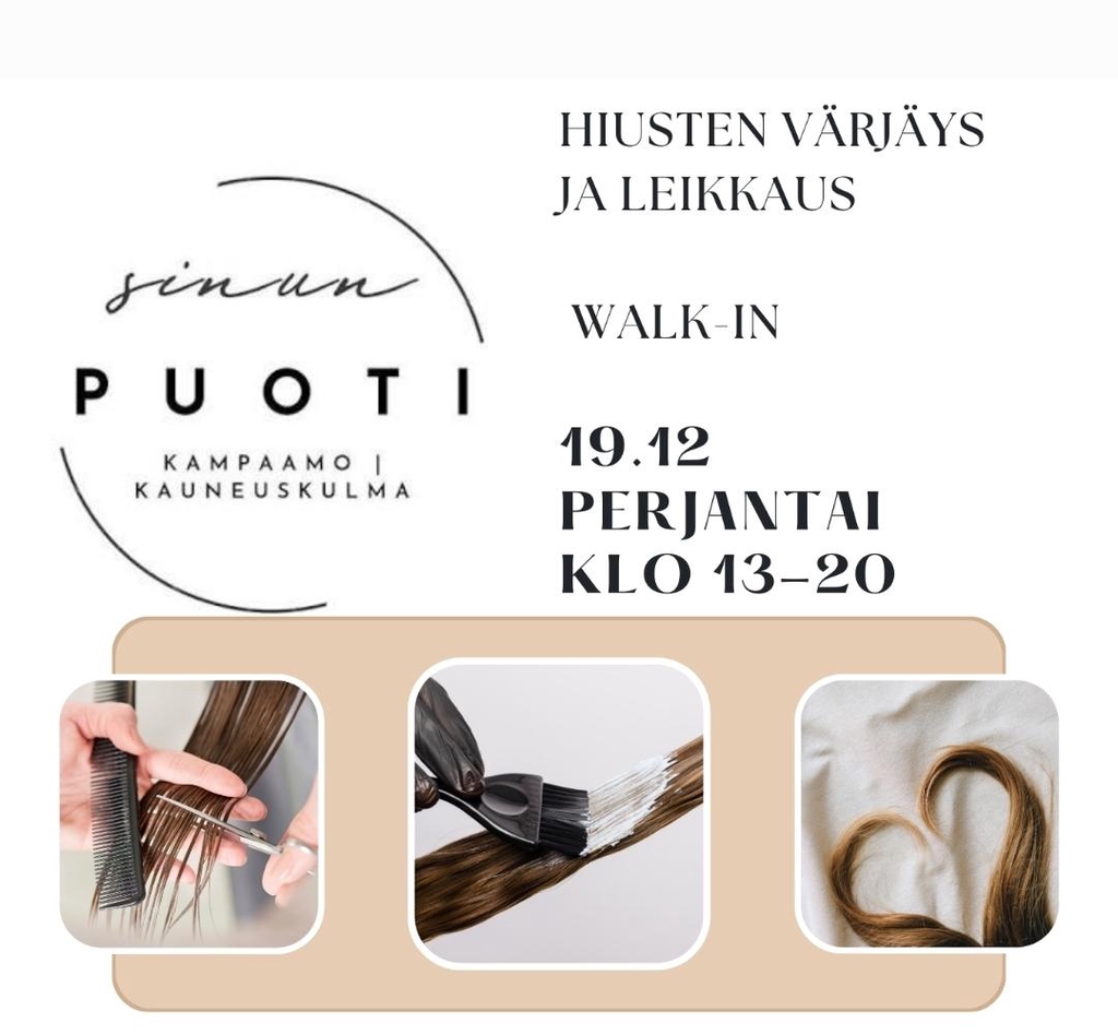 Sinun Puodin seuraava hiusten värjäys ja leikkaus walk-in 19.12.2025 perjantai klo 13-20 