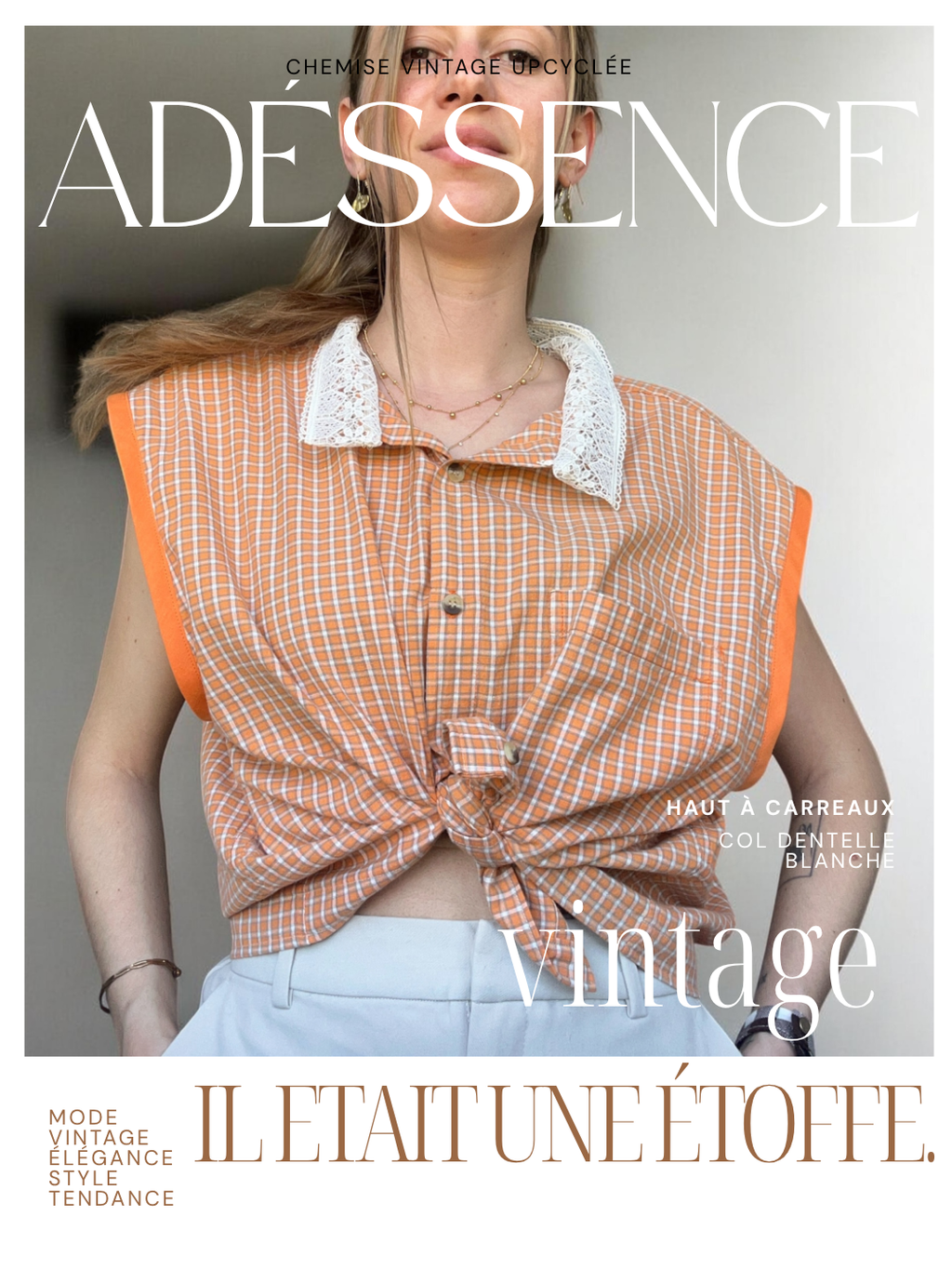 Chemise Upcyclée à Carreaux Orange et Blanc – Détails Dentelle & Look Vintage Moderne