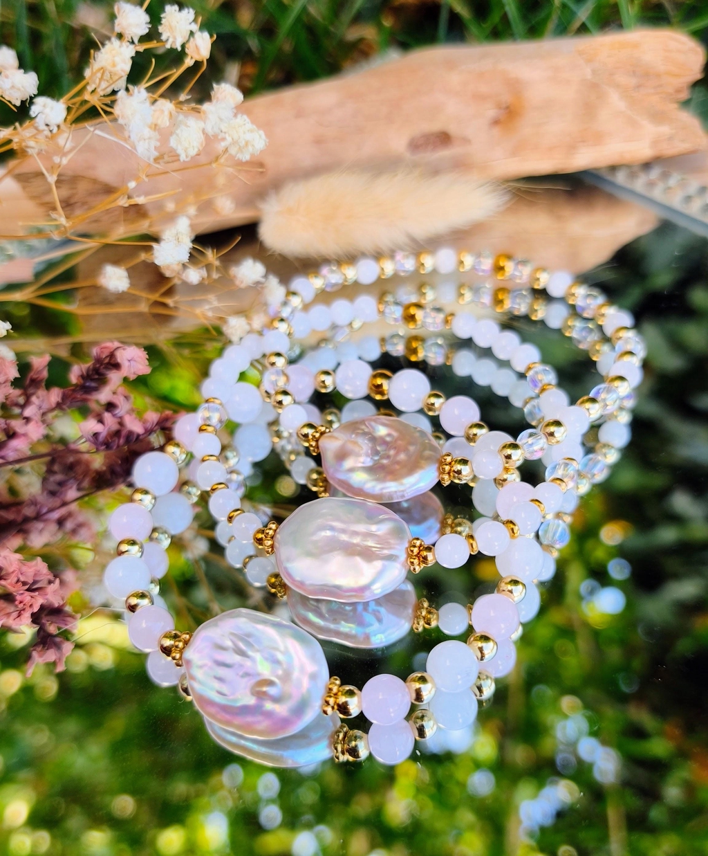 Nouvelle collection bijoux avec perle d'eau douce pierre de lune quartz rose et acier inoxydable bracelets colliers et boucles d'oreilles