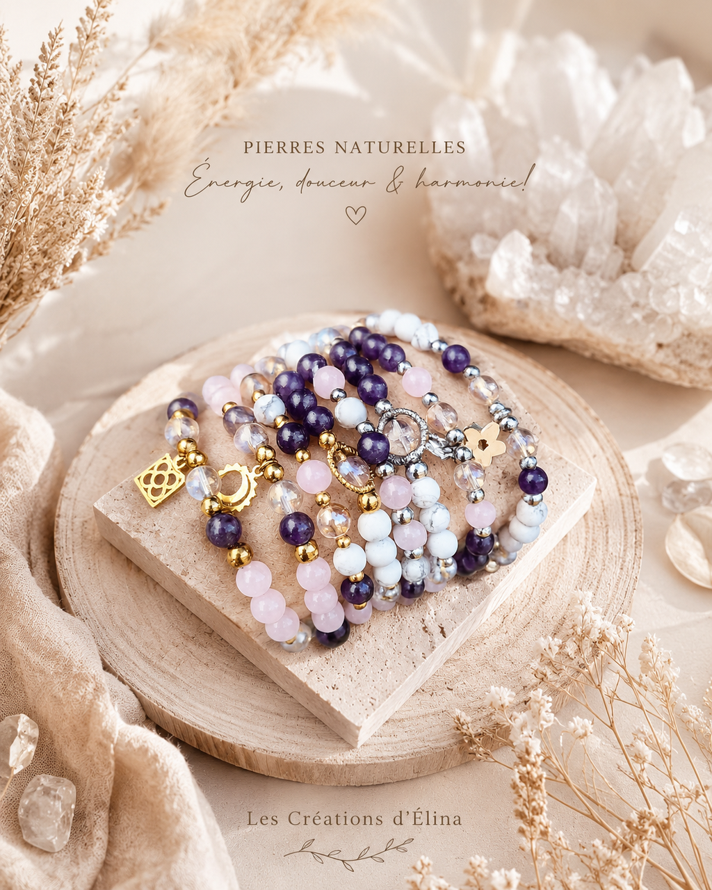 Collection sérénité avec Améthyste, Quartz rose et howlite 