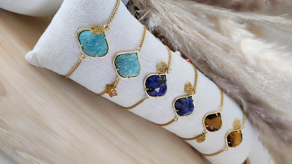 Nouveauté bracelet réglable pierres naturelles, Amazonite, Oeil de tigre, pierre de soleil, sodalite et quartz rose