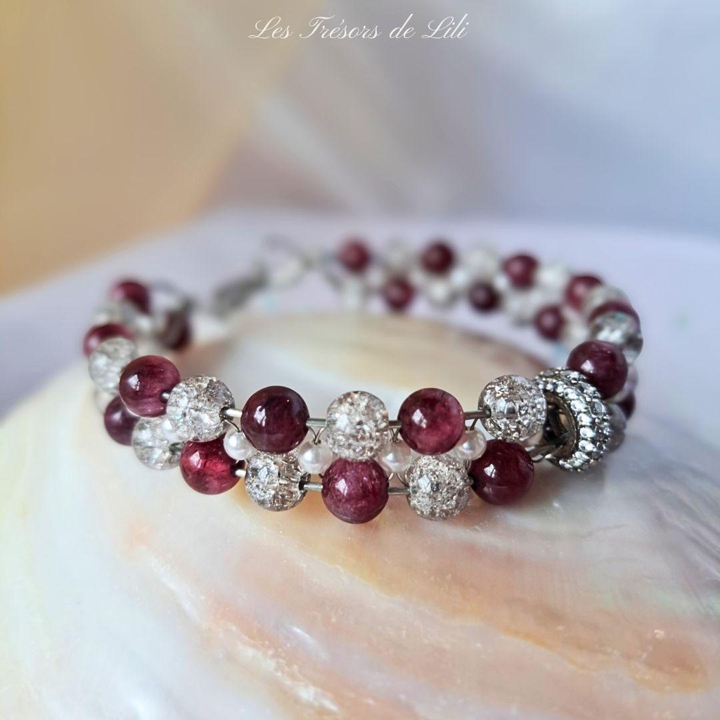Bracelet de créateur, acier inoxydable tissé à la main, pierres naturelles de grenat & quartz