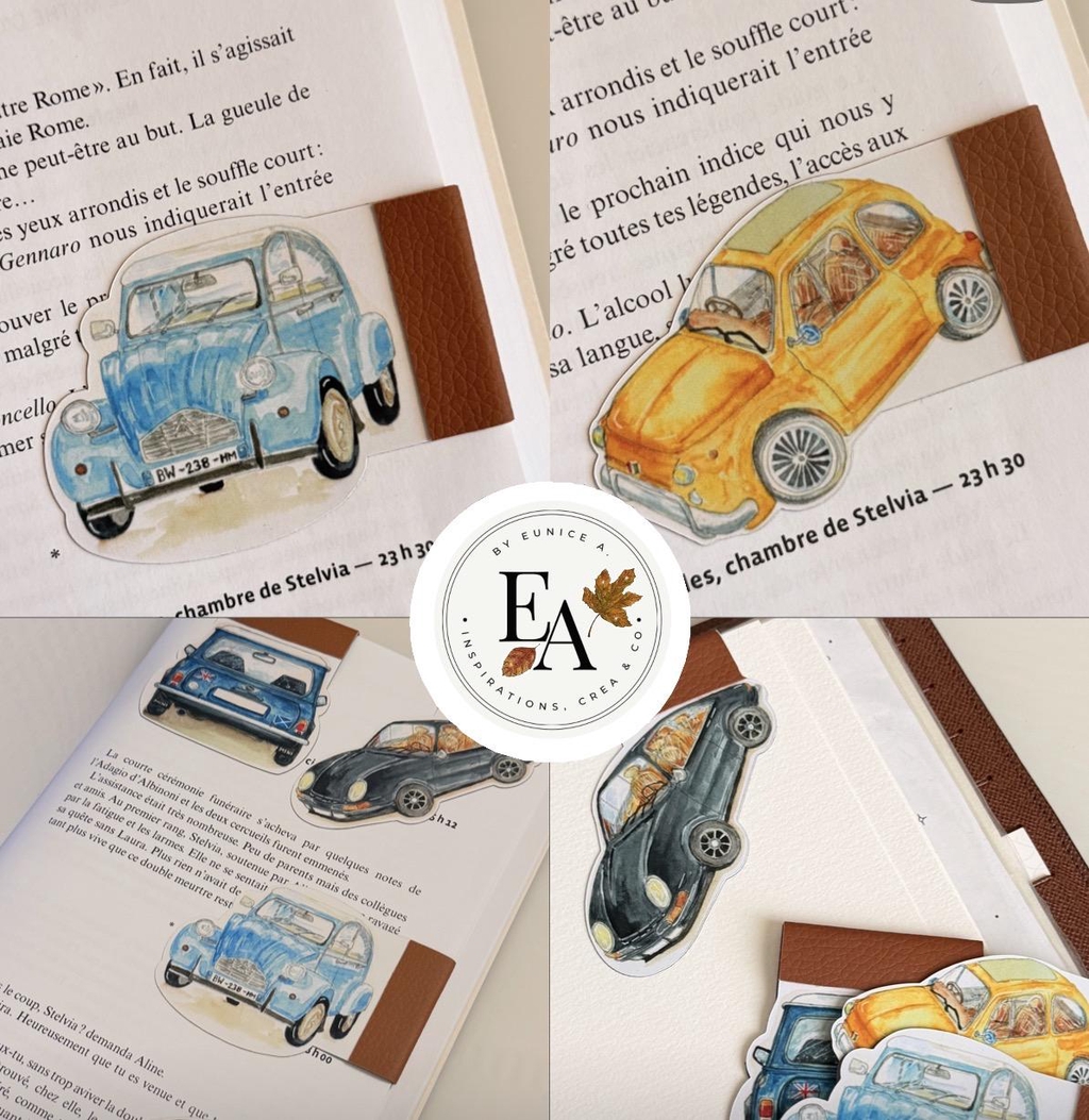 Collection Cars
Marque-pages magnétiques à l’effigie de jolis petits modèles de voitures coups de cœur.