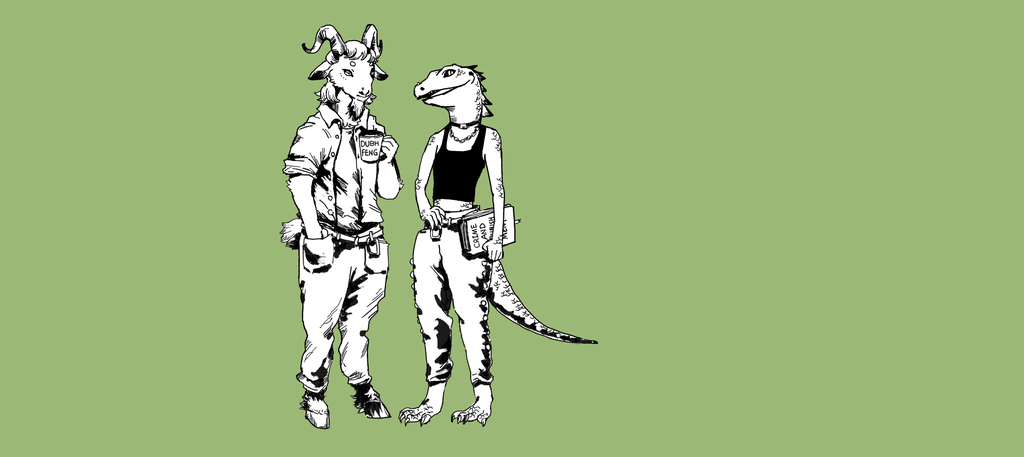 Black & white drawing of Siwi the lizard & Pocan the goat