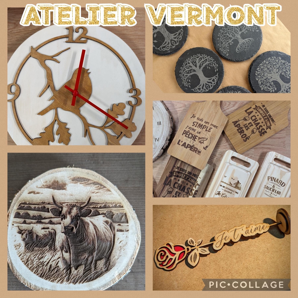 L Atelier Vermont
 entreprise spécialisée dans la découpe et la gravure laser, offrant des solutions personnalisées pour divers objets, tels que cadeaux, décoration ,trophées, bijoux, ect ...
- Découpe laser : Bois, acrylique, cuir, etc.
- Gravure laser : Personnalisation sur bois, métal, verre, plastique, etc.
- Personnalisation : Objets uniques pour événements spéciaux et entreprises.

Avantages :
- Technologie de pointe pour une précision maximale.
- Solutions sur mesure adaptées aux besoins des clients.
- Haute qualité et finitions impeccables.
- Service client dédié et réactif.

Réalisations :
- Trophées personnalisés.
- Décorations intérieures.
- Bijoux gravés.
- Articles de papeterie sur mesure

**Contact**:
- Tél : +33 6 58 72 30 09
- Email : ateliervermont@gmail.com

---

**Atelier Vermont** Transformez vos idées en réalité avec la précision du laser.
