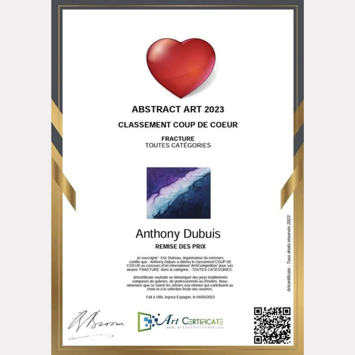 Certificat Coup de cœur Abstract Art 2023 décerné à Anthony Dubuis pour son œuvre Fracture