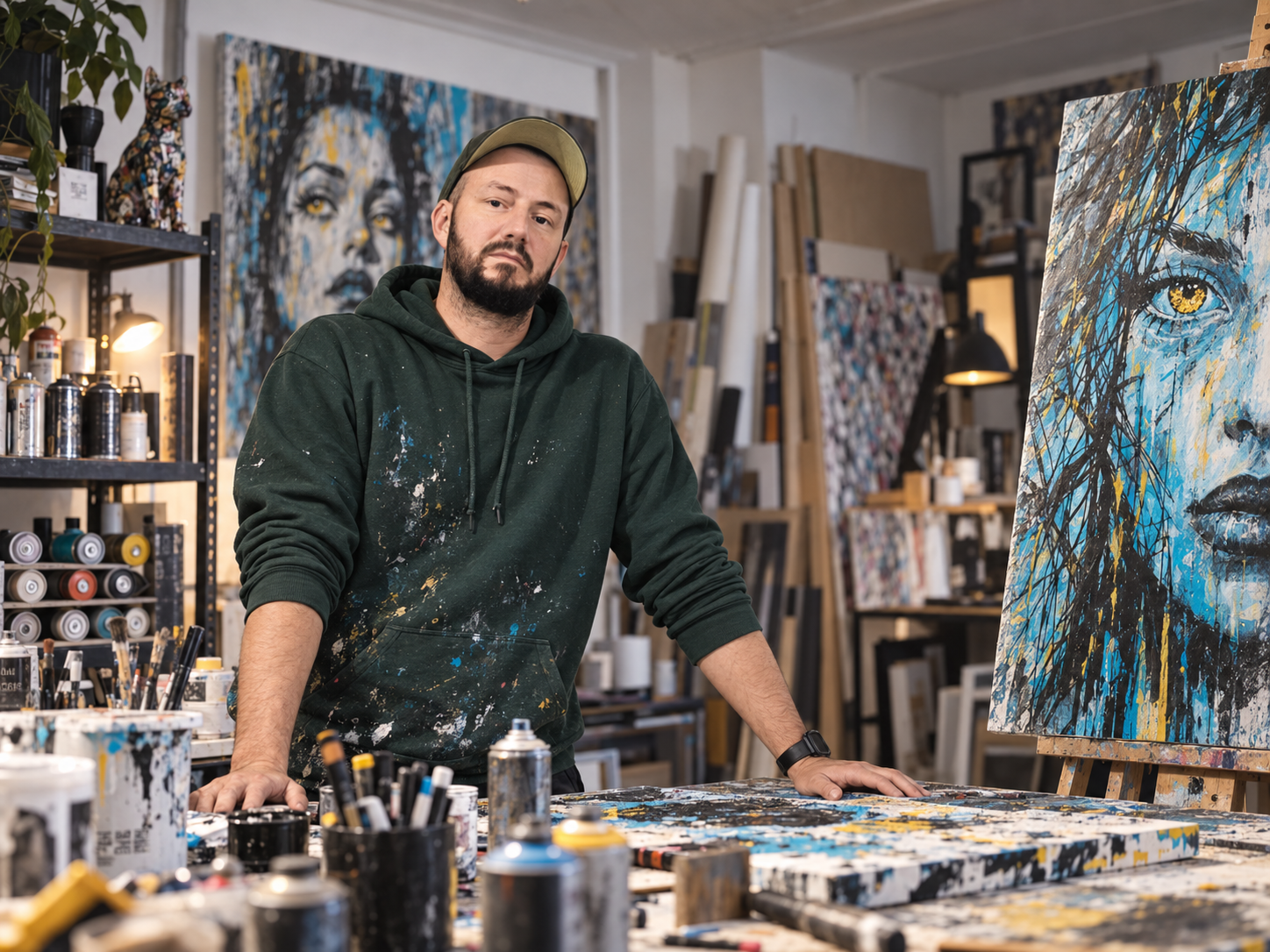 Tony Debs dans son atelier entouré de matériel de peinture et de plusieurs œuvres contemporaines