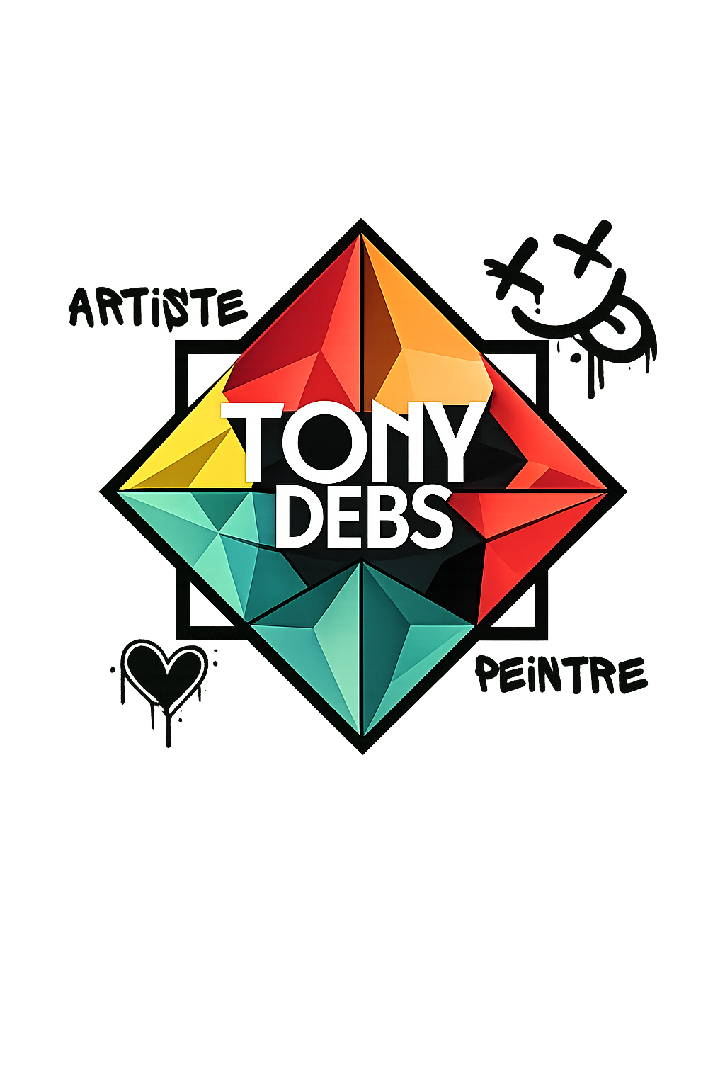 Logo Tony Debs composé de formes géométriques colorées avec les mots artiste et peintre