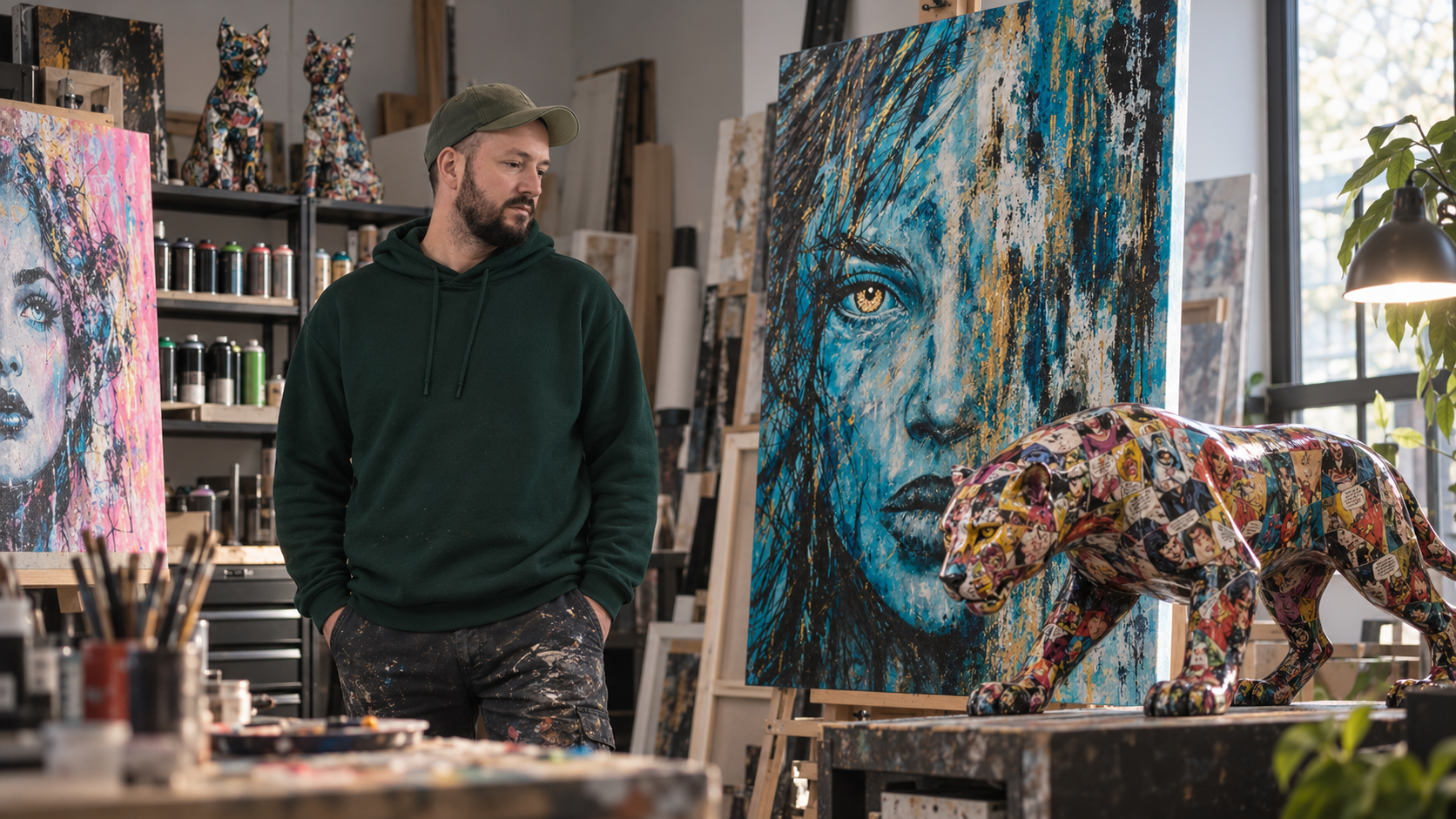 Œuvres de Tony Debs illustrant son univers entre portrait contemporain, couleur, matière et influences street art