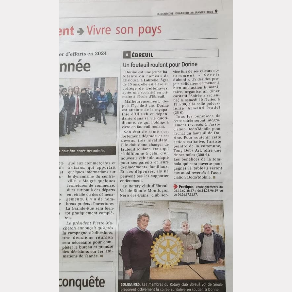 Article de La Montagne du 28 janvier 2024 sur l’action solidaire du Rotary d’Ébreuil, avec le don d’une œuvre de Tony Debs pour financer le fauteuil roulant de Dorine