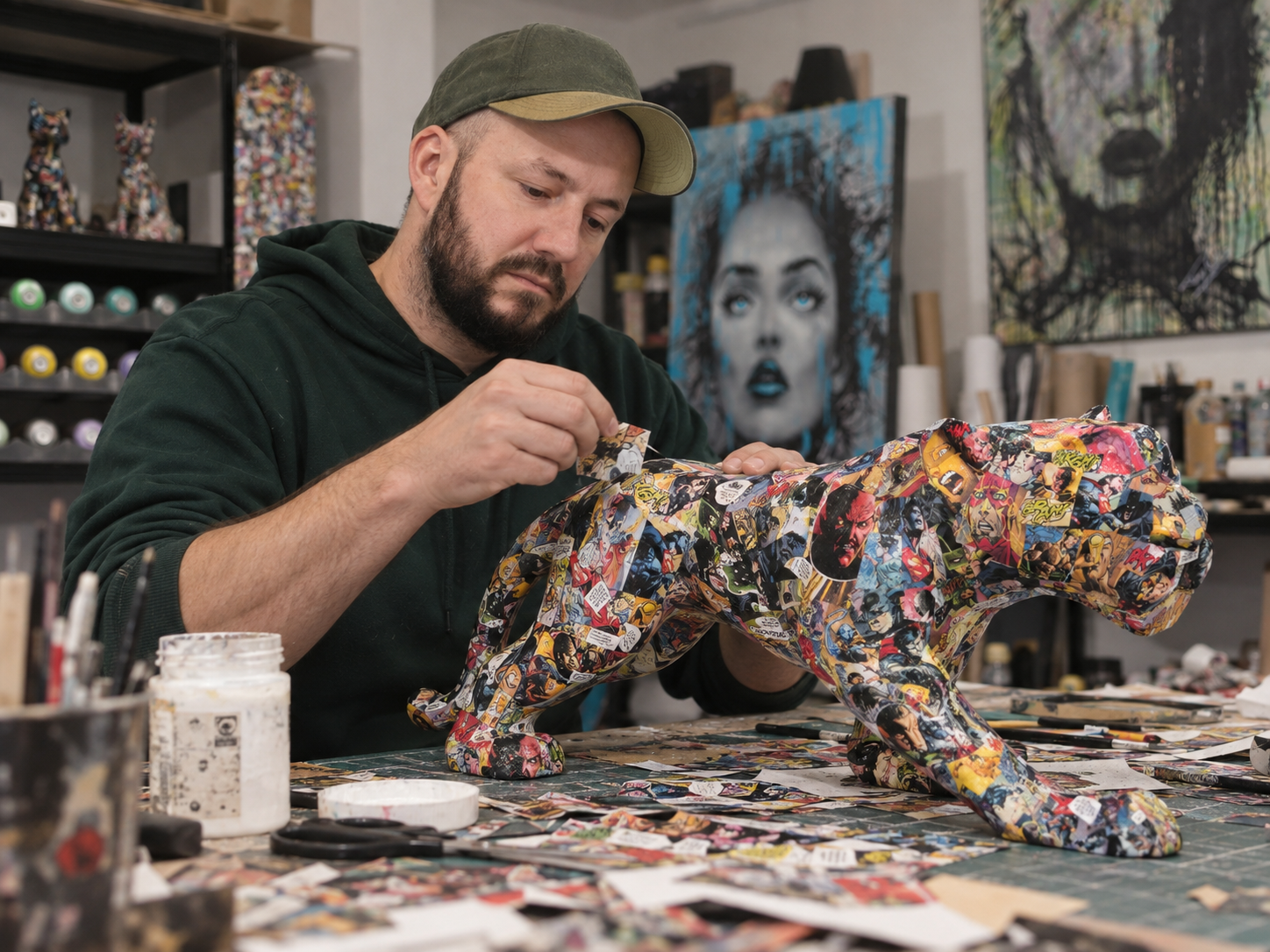 Univers artistique de Tony Debs mêlant portrait contemporain, peinture, collage et création en volume
