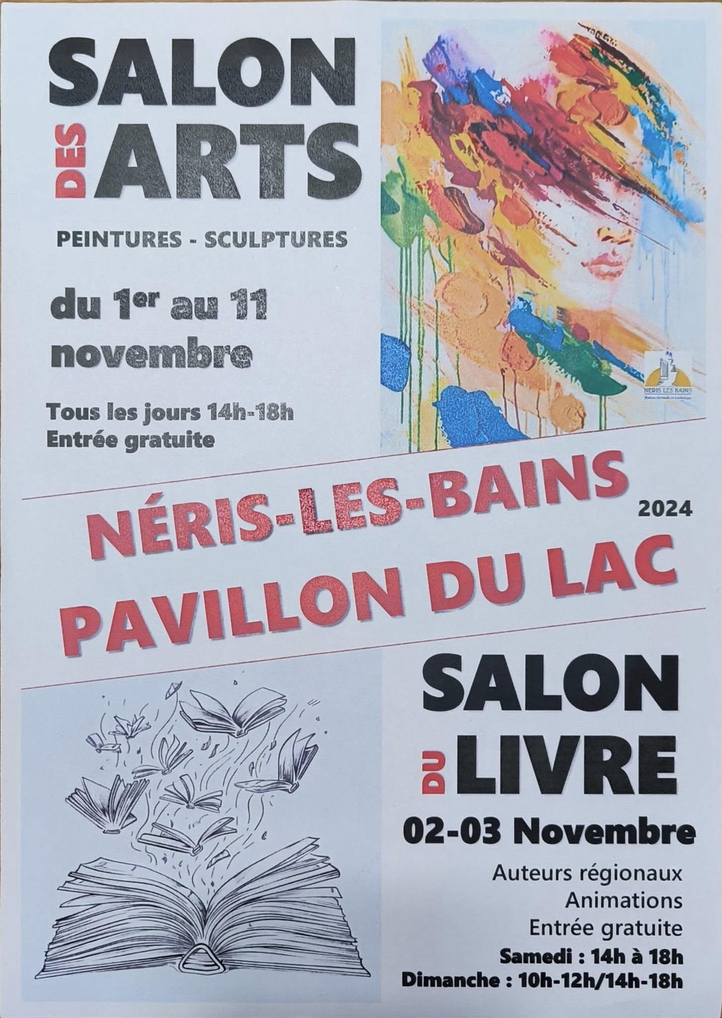 Affiche du Salon des Arts au Pavillon du Lac de Néris-les-Bains, avec la participation de Tony Debs en novembre 2024