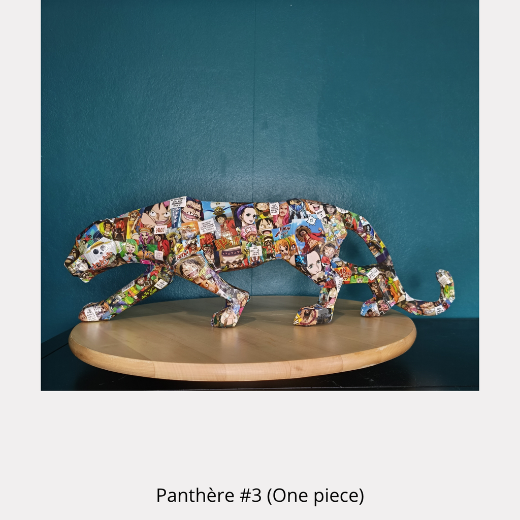 Panther #3 One Piece, sculpture en résine de 45 cm recouverte de collages manga, pièce unique de Tony Debs