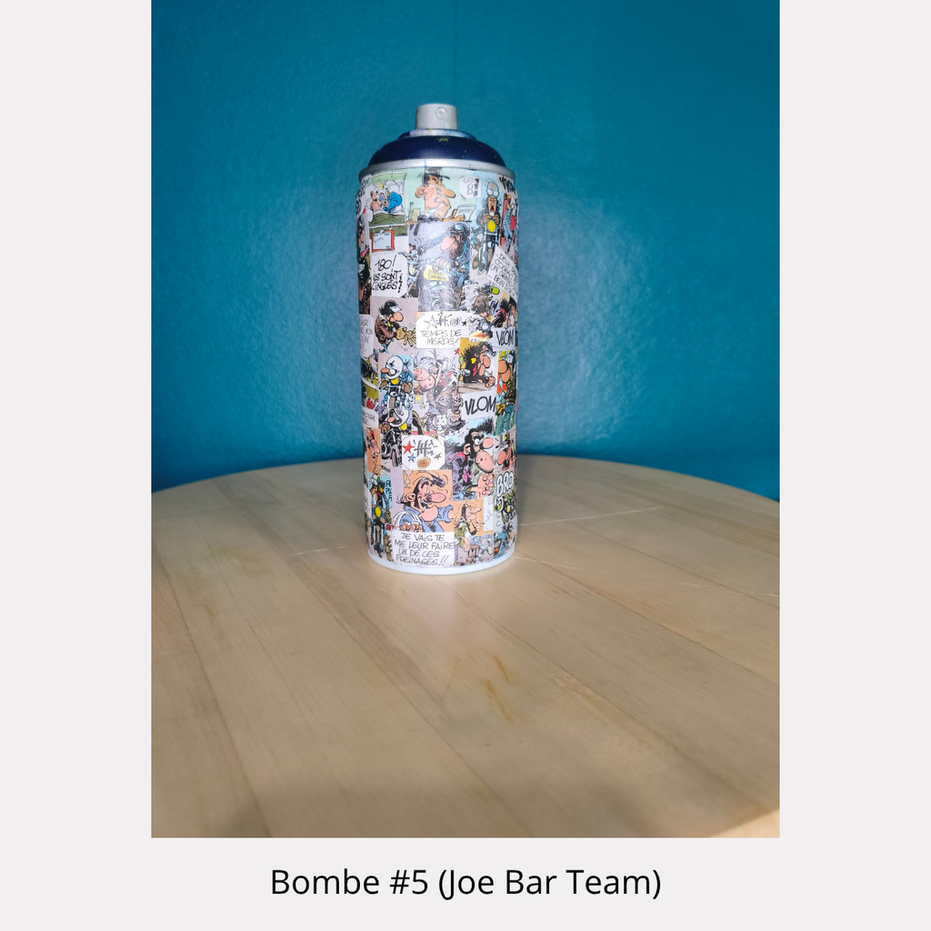 Bombe aérosol décorative Joe Bar Team recouverte de collages BD, création street art unique de Tony Debs