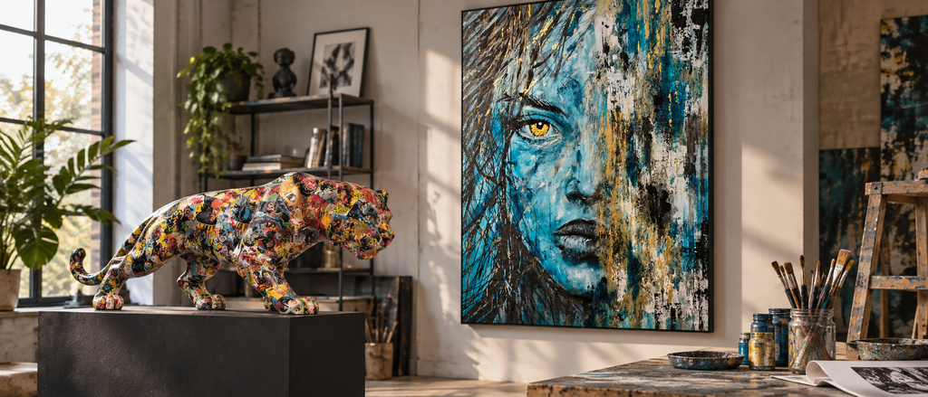Atelier de Tony Debs réunissant peinture contemporaine et création en volume recouverte de bandes dessinées