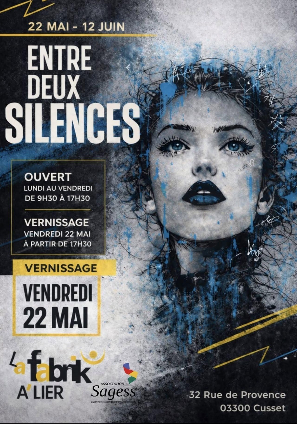 Affiche de l’exposition personnelle Entre deux silences de Tony Debs à La Fabrik Allier à Cusset, de mai à juin 2026