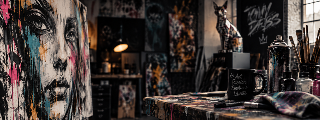 Atelier de Tony Debs avec portrait contemporain, matériel de peinture, pinceaux et créations artistiques