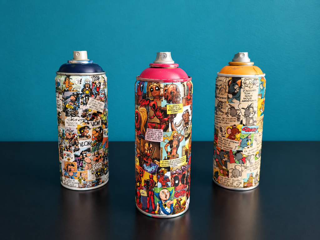 Bombes aérosol artistiques de Tony Debs recouvertes de collages de bandes dessinées