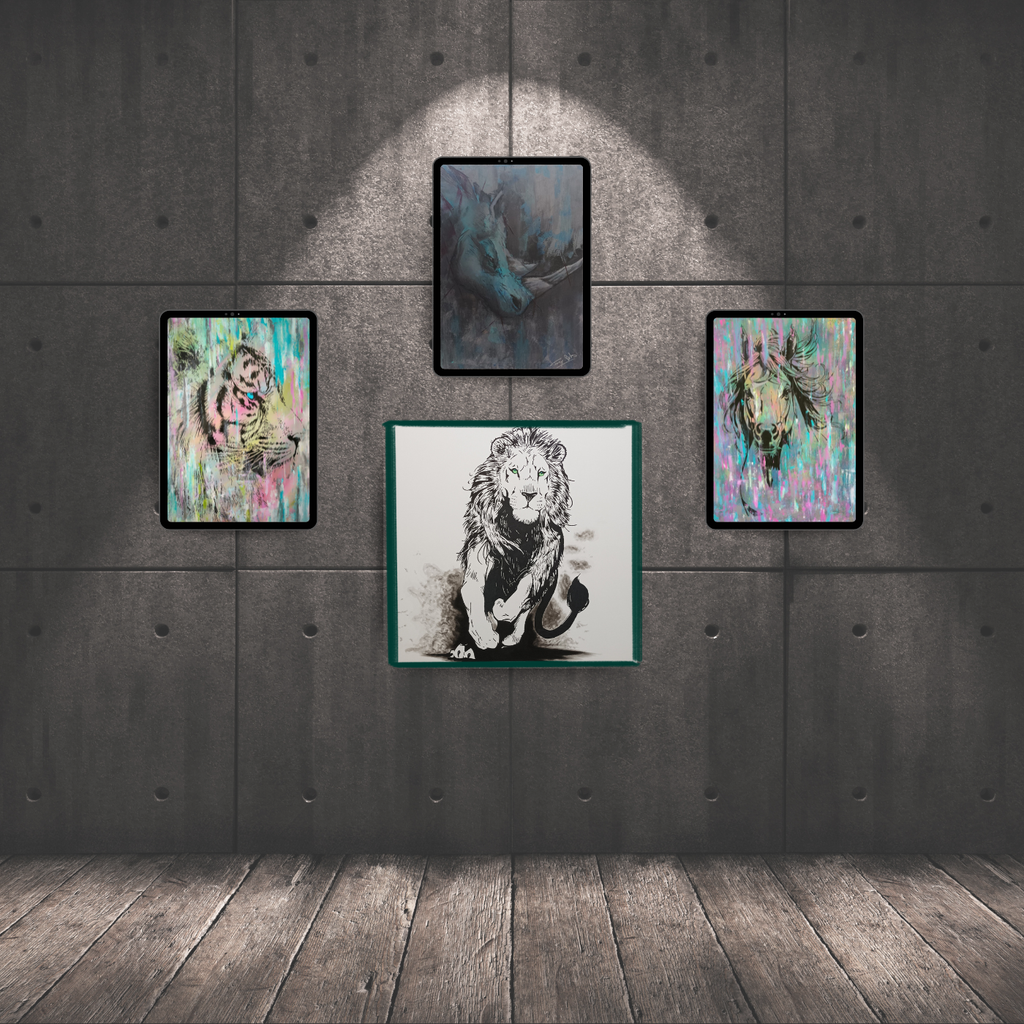 Galerie de peintures animalières contemporaines de Tony Debs, avec lion, cheval, tigre et rhinocéros