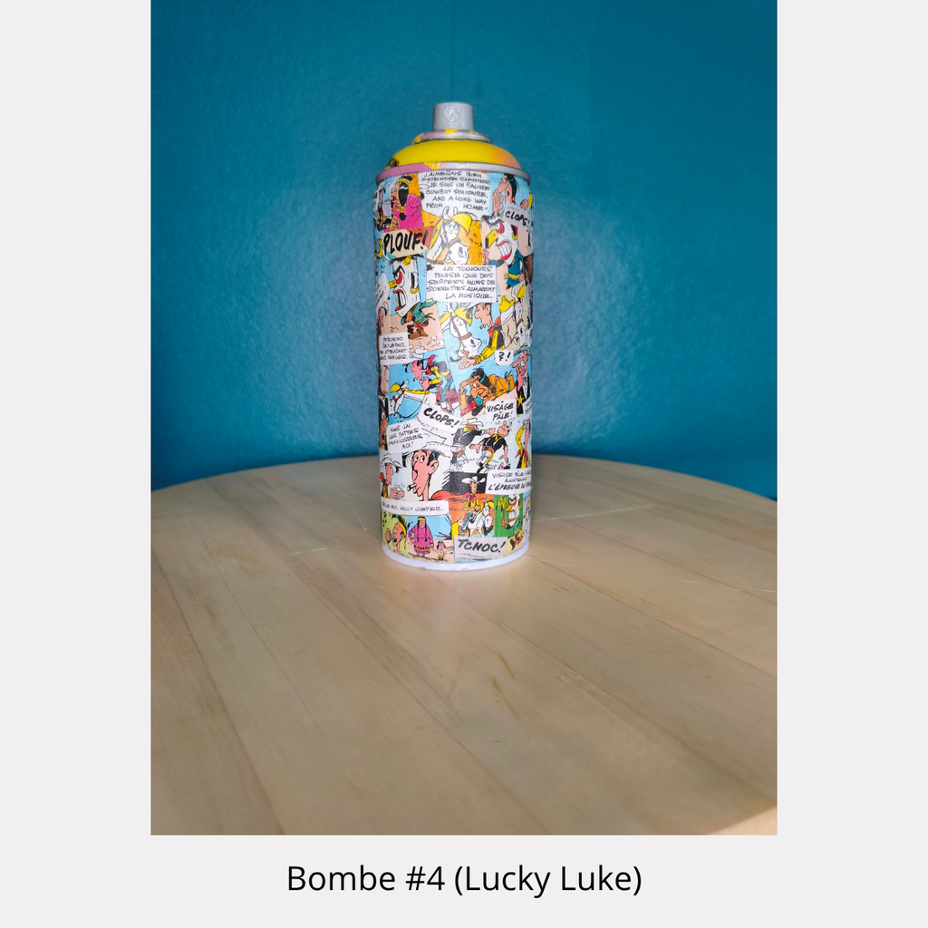Bombe aérosol décorative Lucky Luke recouverte de collages BD, création Pop Art unique de Tony Debs