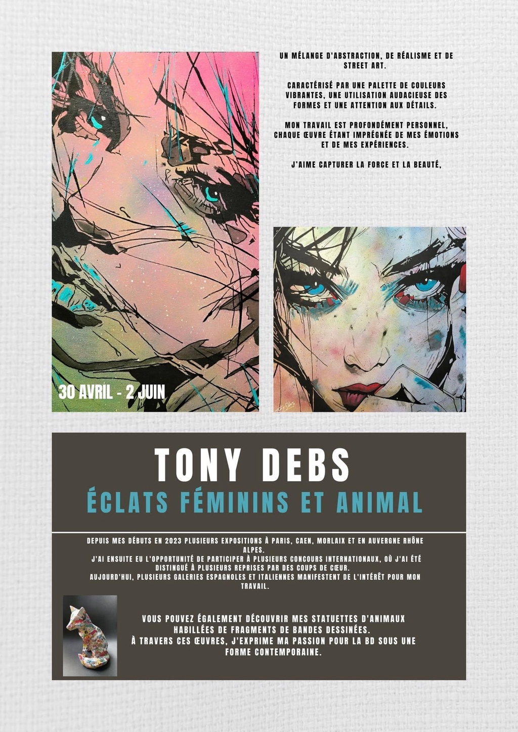Affiche de l’exposition Éclats féminins et animal de Tony Debs, présentant ses peintures contemporaines et sculptures en 2025