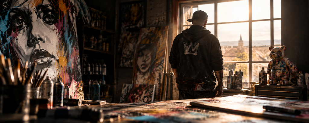 Tony Debs dans son atelier, artiste contemporain français entouré de ses œuvres
Tony Debs, nom d’artiste d’Anthony Dubuis, est un artiste contemporain français né en 1986 et installé à Ébreuil, dans l’Allier. Autodidacte, il développe depuis 2022 un travail pictural personnel nourri par le graffiti, le street art, le portrait et une recherche constante autour de l’émotion.