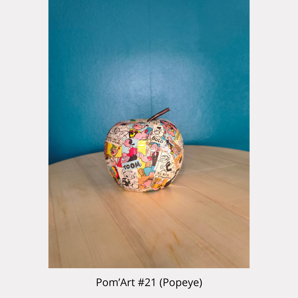 Pom’Art #21 Popeye, sculpture en céramique de 7 cm recouverte de collages BD, pièce unique de Tony Debs