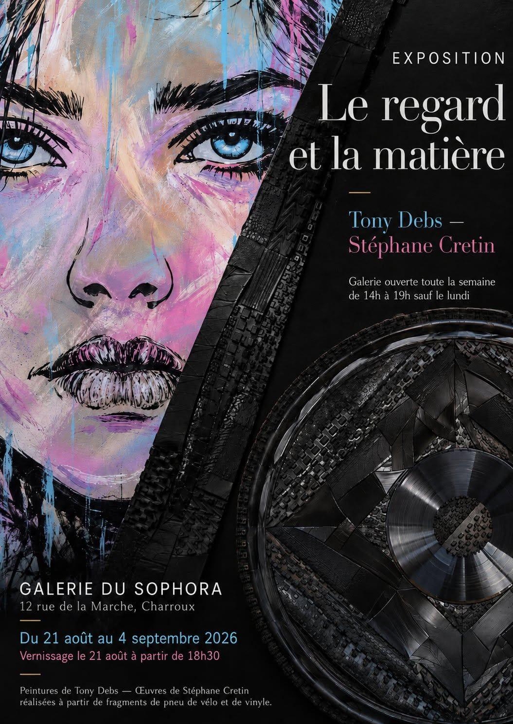 Affiche de l’exposition Le regard et la matière de Tony Debs et Stéphane Cretin à la Galerie du Sophora à Charroux, en août et septembre 2026