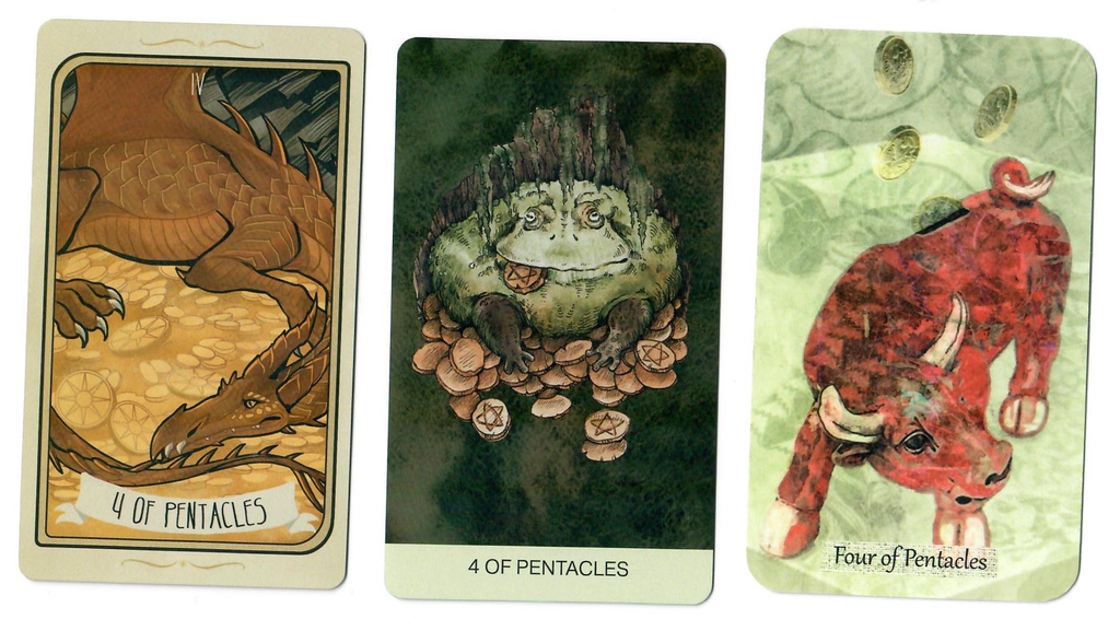 4 of Pentacles from the Forgotten Legends Tarot, Phrög Tarot and The Textured tarot.