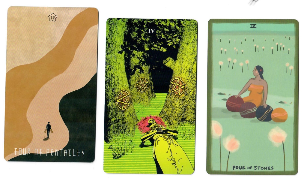 4 of Pentacles from the Tarot of Colors, Tarot of the Holy Spectrum and The Gentle Tarot.