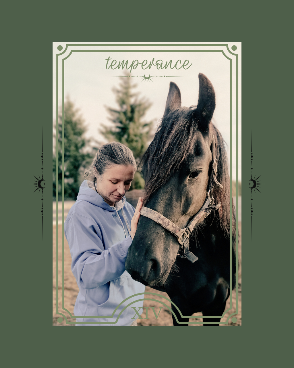 Gosia of Las Vistas Tarot & More pictured with a black horse and styled as the Temperance Tarot card. Las Vistas has your dream Tarot deck!