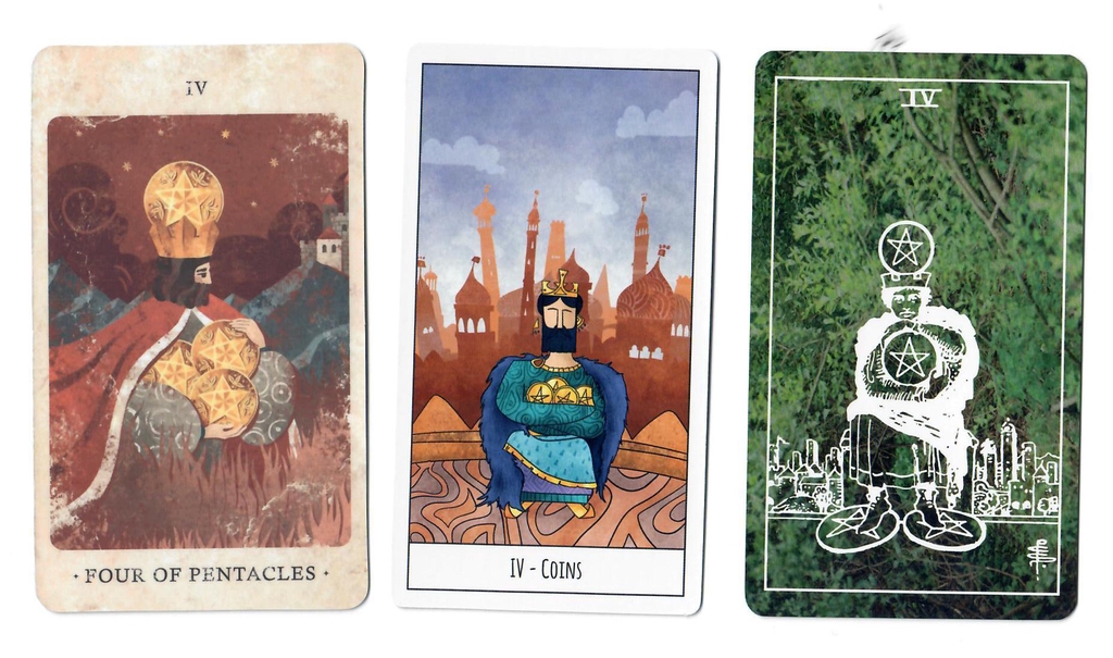 4 of Pentacles from the Solar Kingdom Tarot, The Book of Shadows and The Green Tarot.