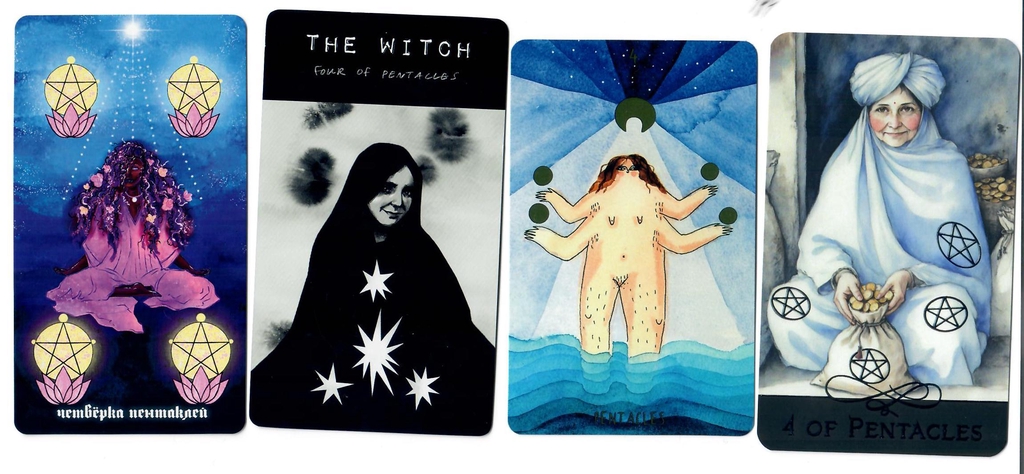 4 of Pentacles from the Purple Dreams Tarot, The Hide Tarot, Self Love Tarot and The Blue Tarot.