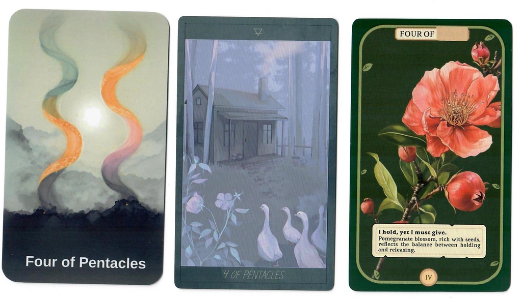 4 of Pentacles from the Earth Steward Tarot, Honey & Lavender Tarot and Winged Blooms Tarot.