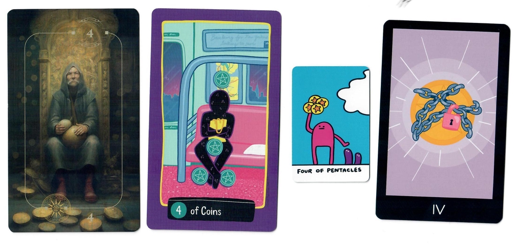 4 of Pentacles from Tarot Louisville, Midnight City Tarot, Everybody's Tarot and Sabotage Tarot.