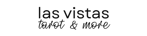 Las Vistas logo in black and light grey: a picture of a fox with a background of a mountain and trees under a night sky and words underneath: Las Vistas Tarot & More