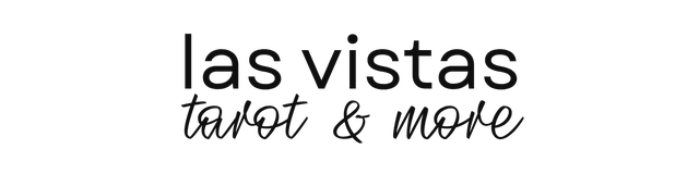 Las Vistas logo in black and light grey: a picture of a fox with a background of a mountain and trees under a night sky and words underneath: Las Vistas Tarot & More