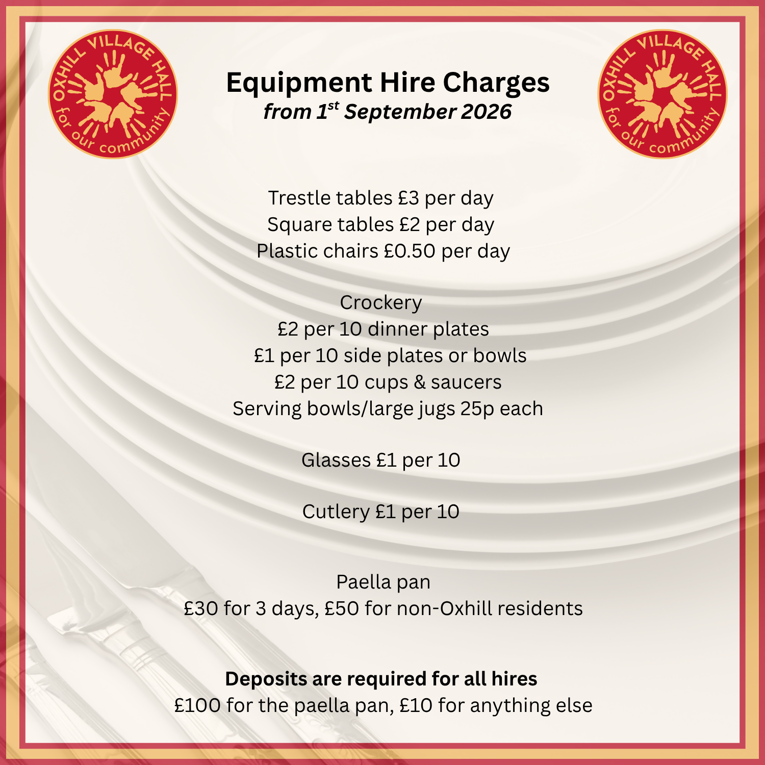 Equipment Hire Charges at Oxhill Village Hall from 1st September 2026