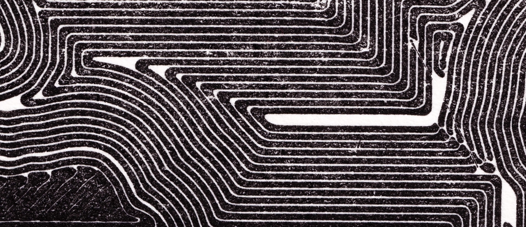 A drawing of a 3d model of a statue with overlapping red and blue lines, plotted by a robot